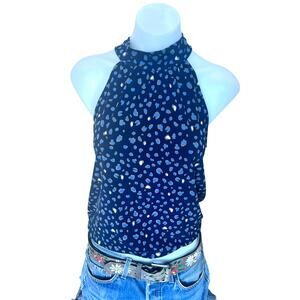 Blue Leopard Halter Shell Top SMALL Shell Animal Print Smocked Career Office